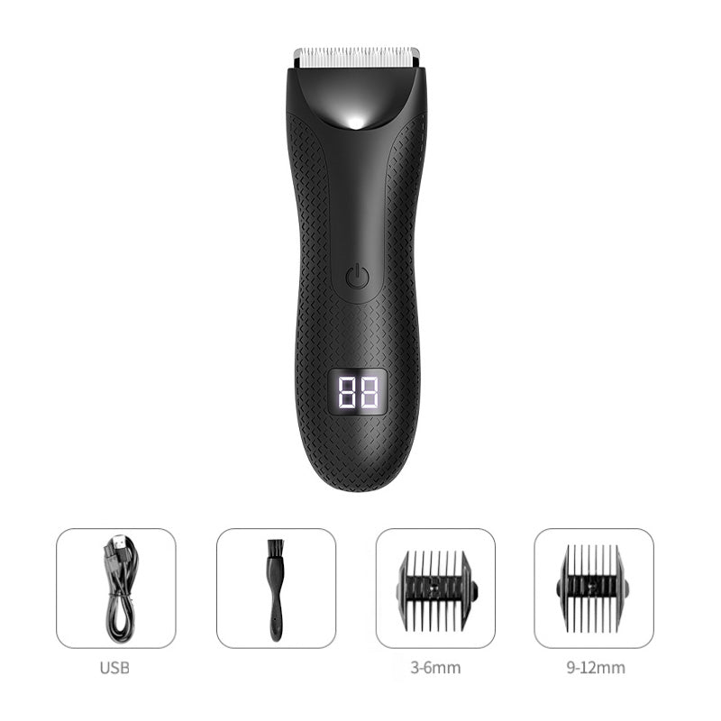 Kit tondeuse HydroTrim homme pour hygiène corporelle et intime, rasage électrique doux et étanche.