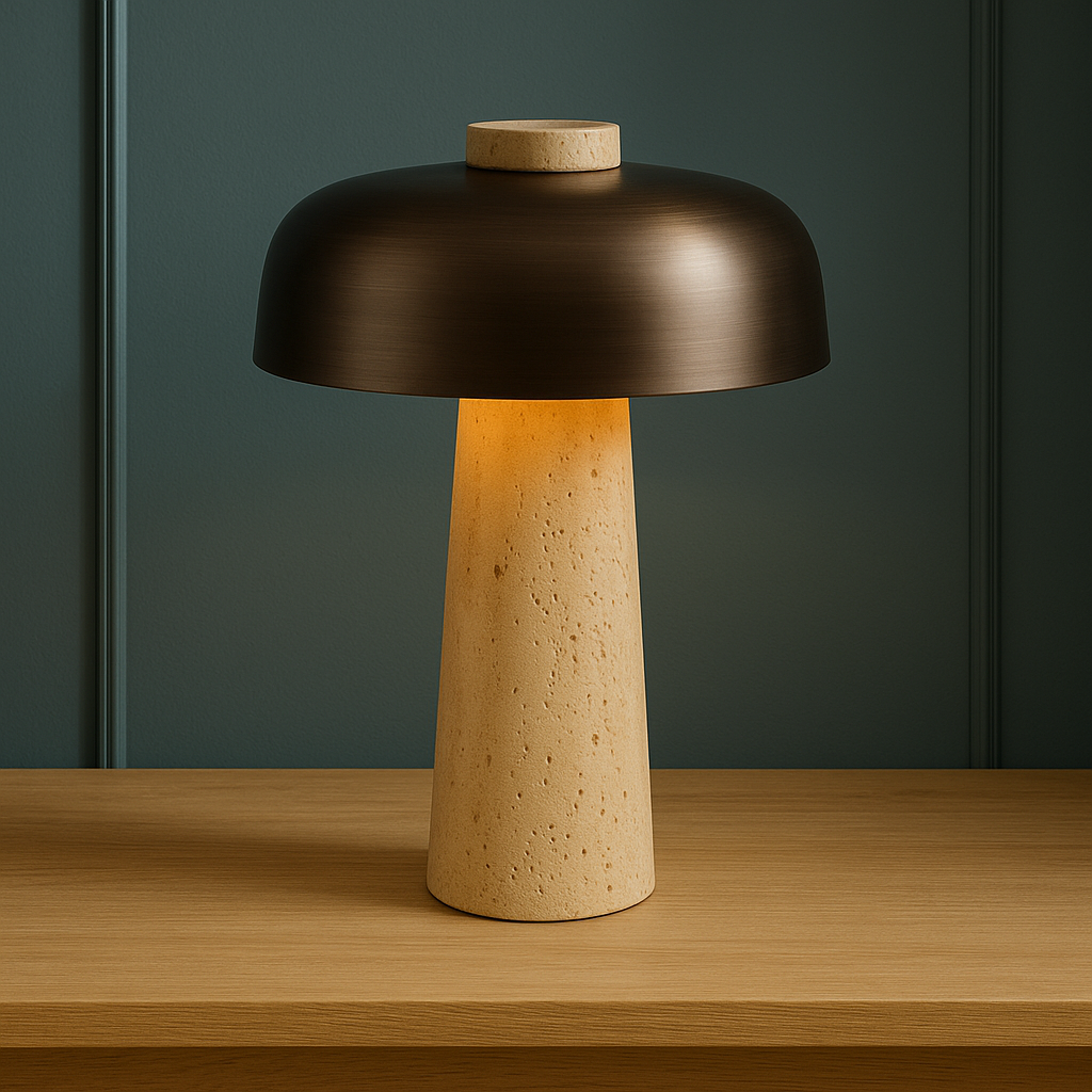 Élégante lampe de table en travertin. Pièce de design moderne minimaliste, parfaite pour un éclairage d'appoint.