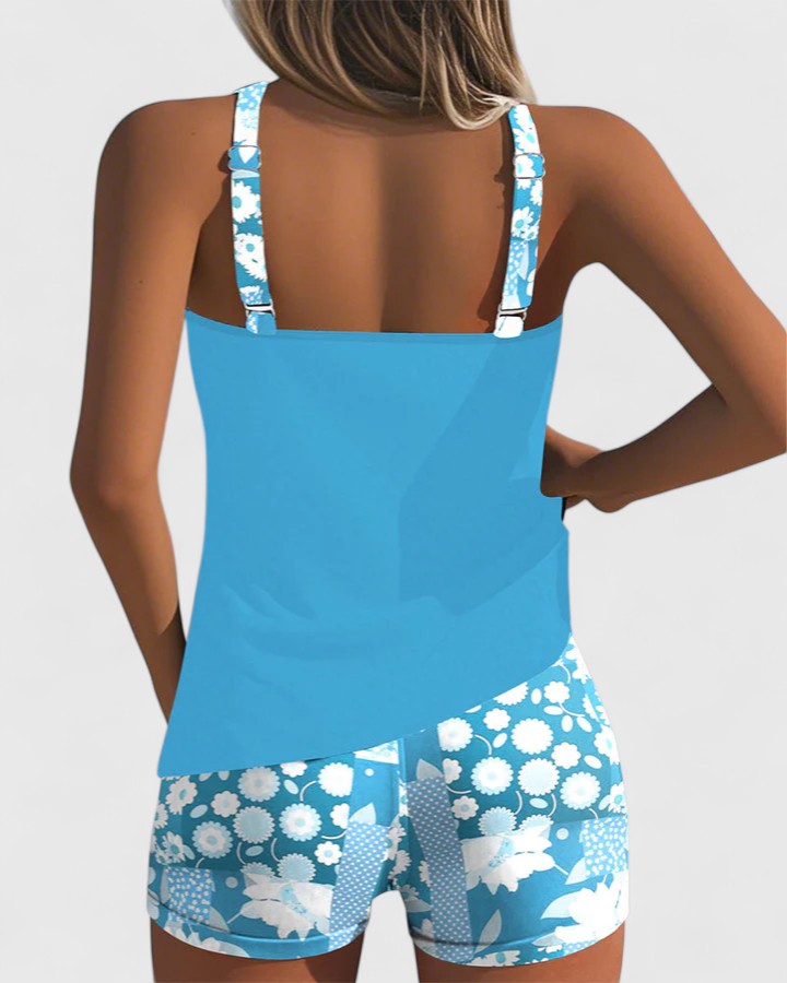 Tankini sportif femme deux pièces: Top sobre et short à motif floral. Parfait pour piscine et plage.