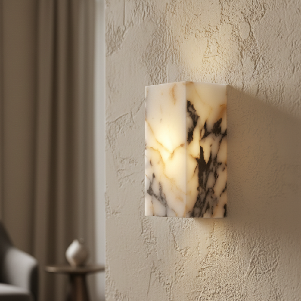 Applique murale scandinave avec LED, diffuse une lumière chaude, design moderne en marbre naturel.