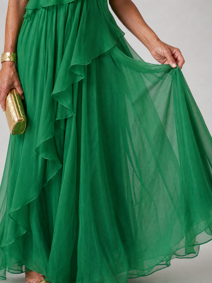 Robe de soirée femme habillée, maxi, asymétrique à volants, idéale cérémonie.
