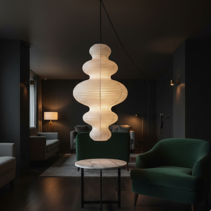 Lampe suspendue Akari Juni moderne, design japandi pour un intérieur minimaliste, lumière ambiante.