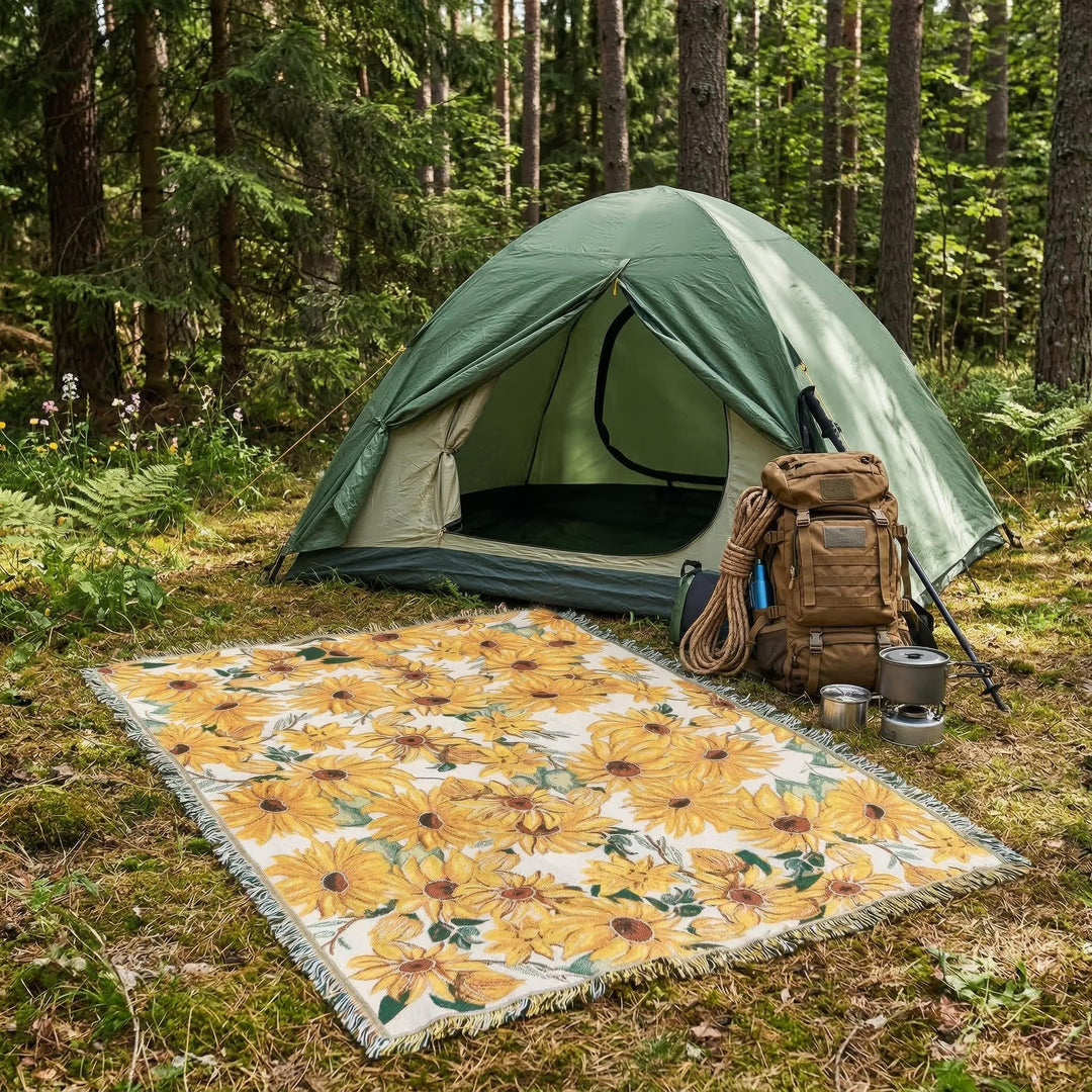 Plaid floral imperméable 180x230 cm, léger et résistant, parfait pour activités de plein air.
