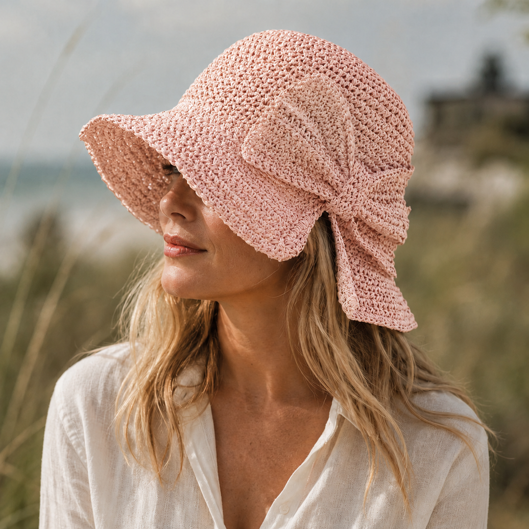 Chapeau de paille femme chic, bord court, nœud tressé. Accessoire d'été tendance offrant protection solaire élégante.