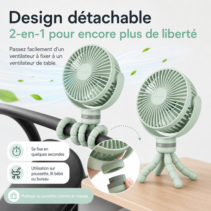 Ventilateur de table portable USB, idéal pour intérieur ou extérieur.