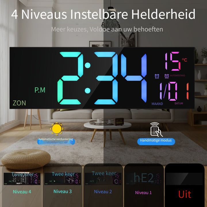 Élégante horloge murale numérique LED, grand écran multicolore pour la maison ou le bureau.