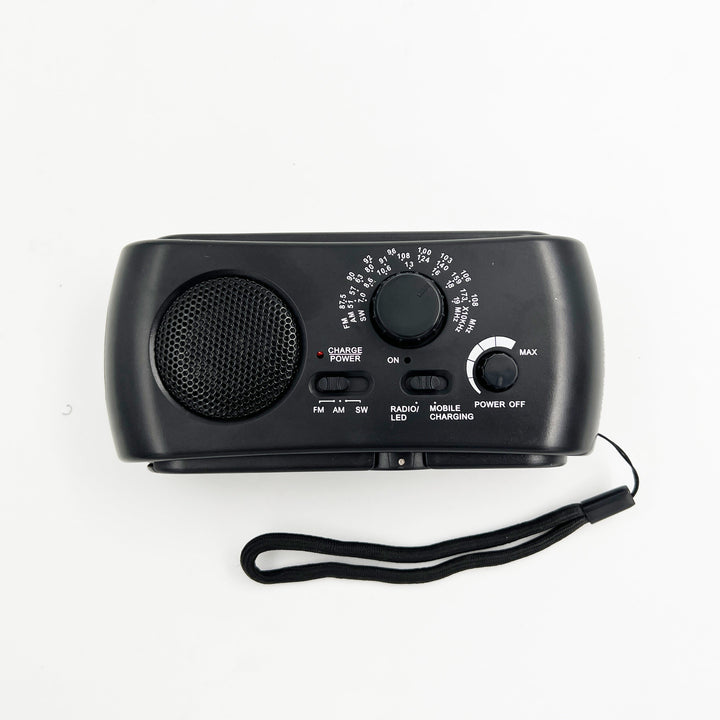 Radio d'urgence portable AM/FM pour le camping, avec lampe de poche et fonction de chargeur de téléphone.