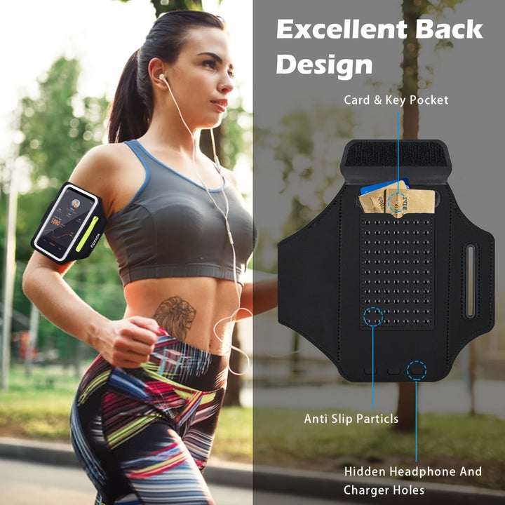 Accessoire de jogging: brassard téléphone ajustable vert avec poche écouteurs. Pour une pratique sportive libre.