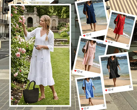 Élégante robe midi femme à col V et coupe fluide, style décontracté chic pour l'été.