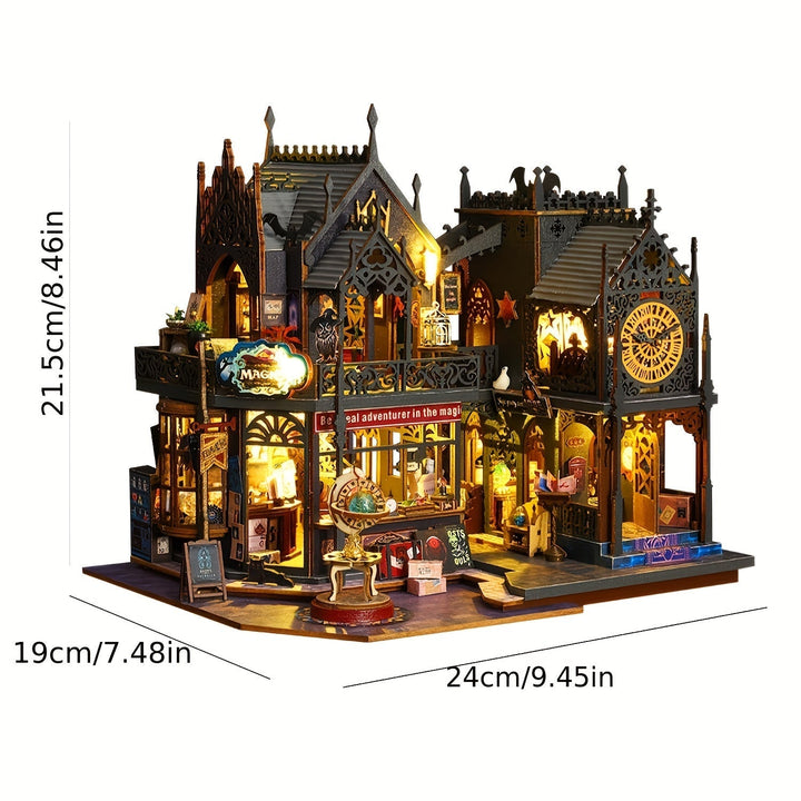 Détail du puzzle 3D en bois Maison de Livres Enchantée, soulignant l'artisanat et la magie de l'éclairage.