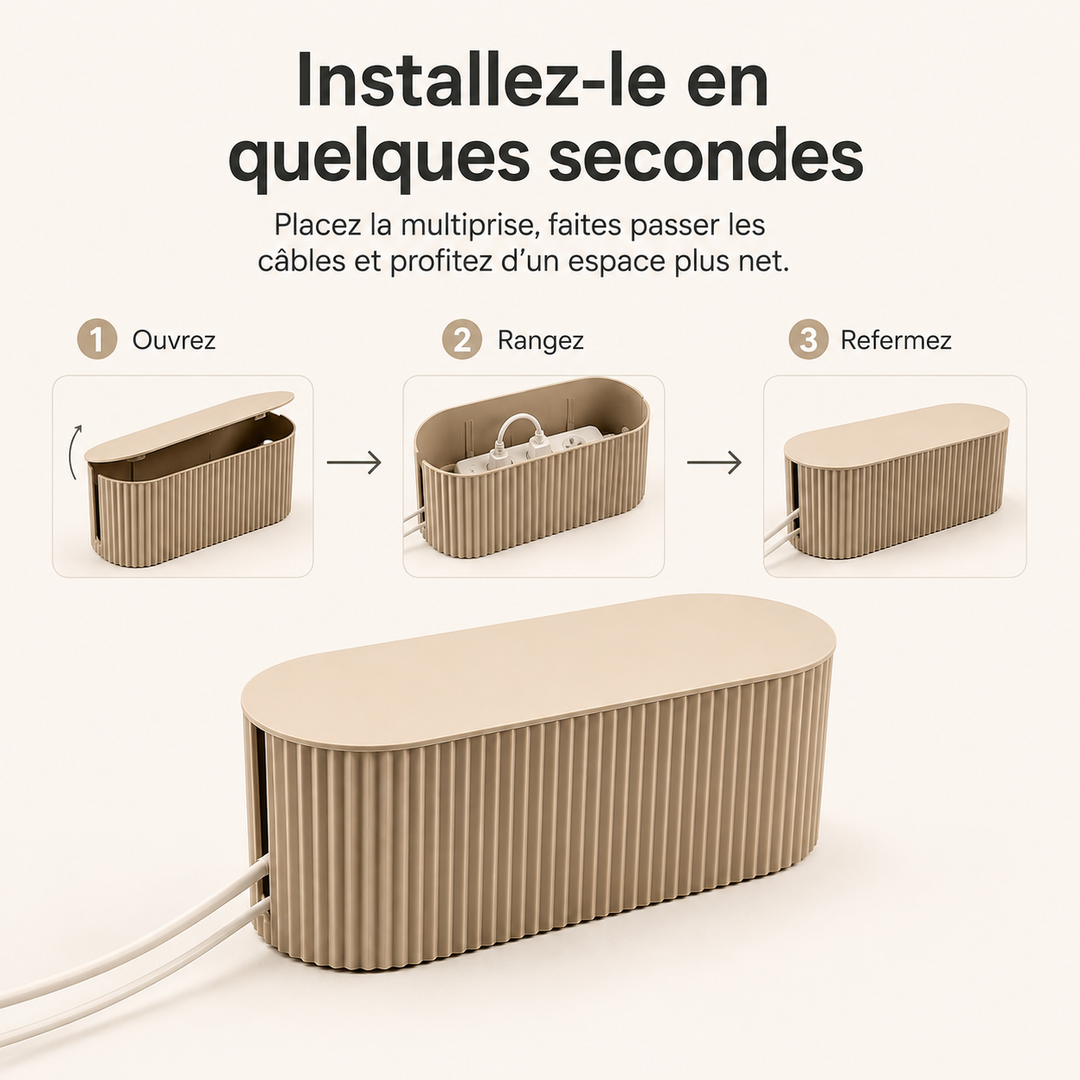 Solution câbles pour un bureau rangé, cette boîte est un organisateur de fils pratique.