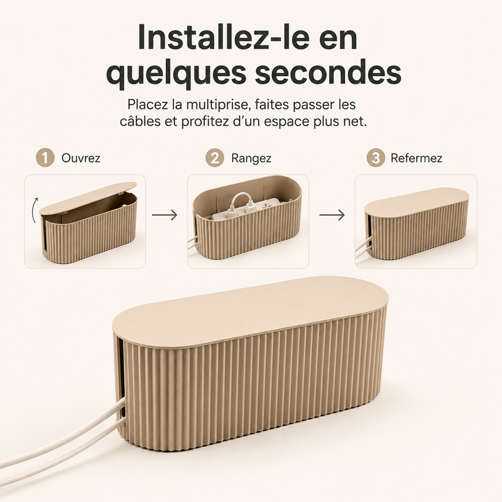 Solution câbles pour un bureau rangé, cette boîte est un organisateur de fils pratique.