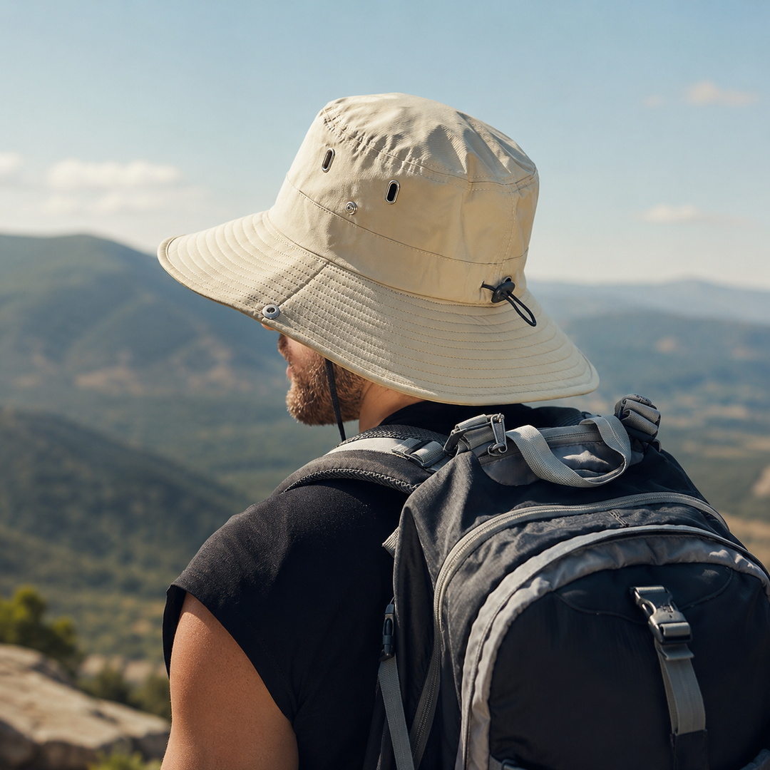 Chapeau anti-UV respirant pour activités de plein air, large bord, léger et facile à transporter.