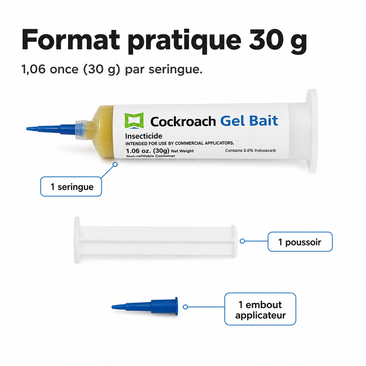 Gel appât anti-cafards non toxique pour une désinsectisation complète. Efficace intérieur, extérieur et lieux professionnels.