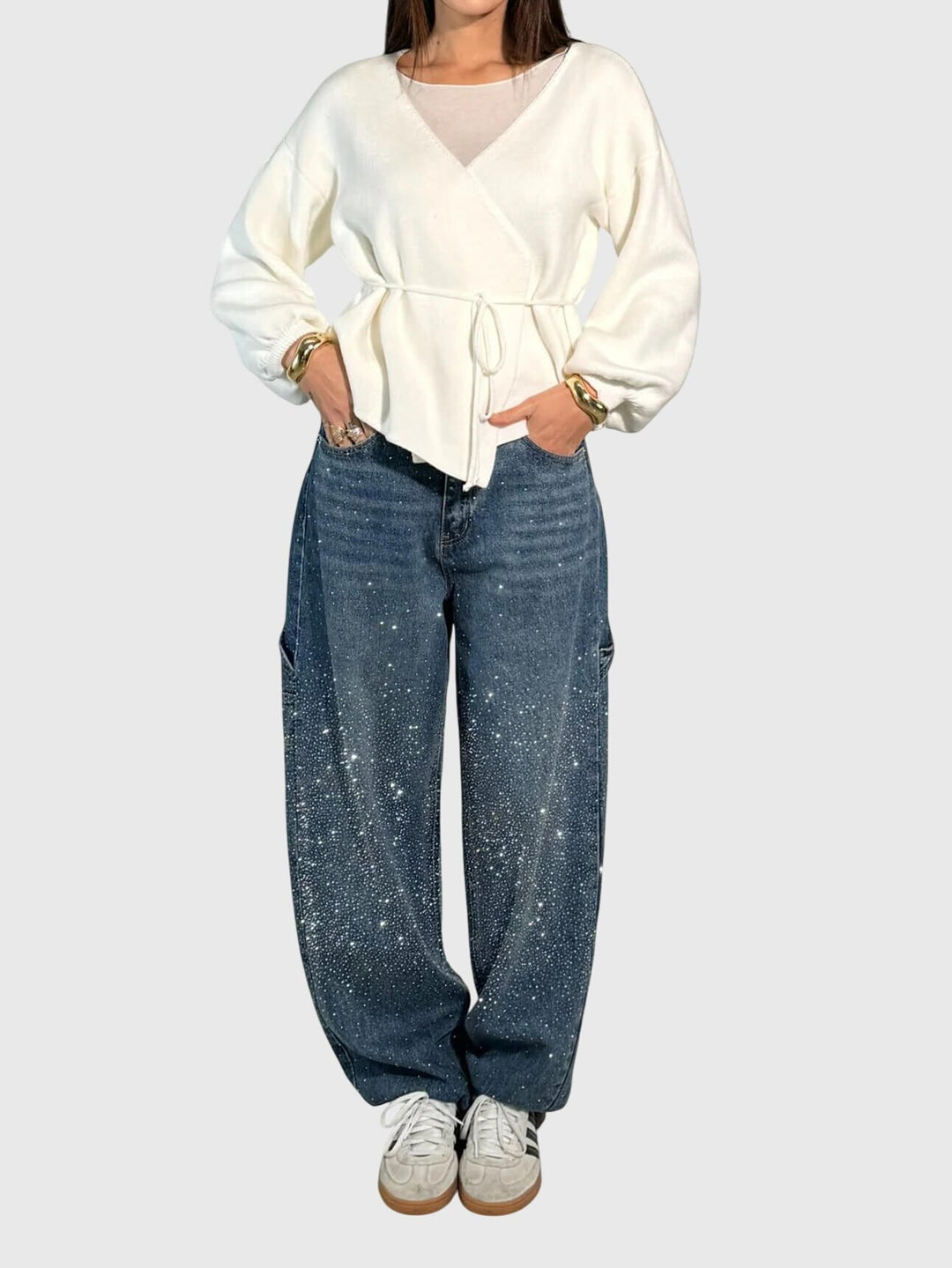 Pantalon femme Diamant scintillant, coupe lâche élégante pour soirées chics et tendances.