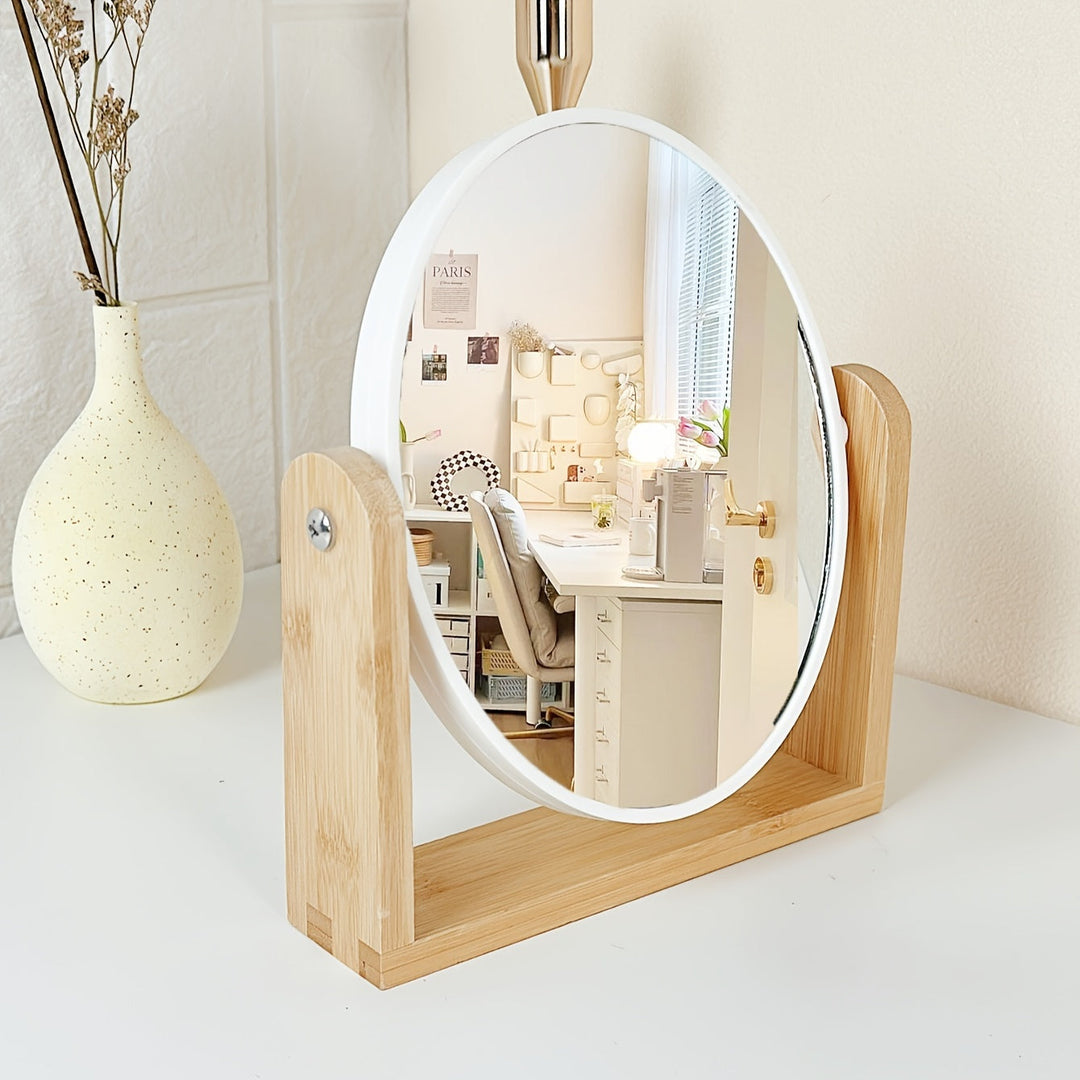 Miroir de table élégant en bambou, double face, parfait pour les soins du visage et la beauté.