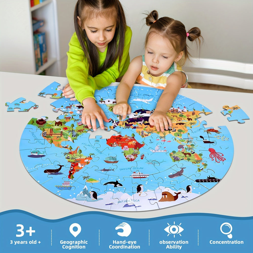 Grand puzzle géographie pour enfants, 70 pièces, carte du monde colorée avec animaux.