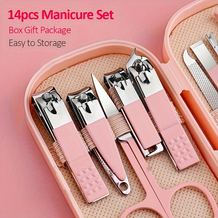 Set manucure pédicure professionnel 14 outils en acier inoxydable. Idéal pour beauté, hygiène et soins des ongles.