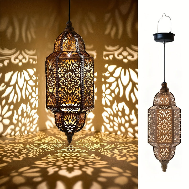 Lanterne marocaine solaire vintage en métal, éclairage LED pour jardin, terrasse ou balcon.