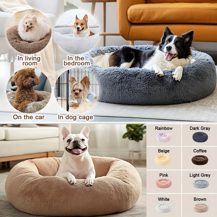 Lit rond en fausse fourrure ultra-doux, parfait pour le sommeil profond des chiens et chats.