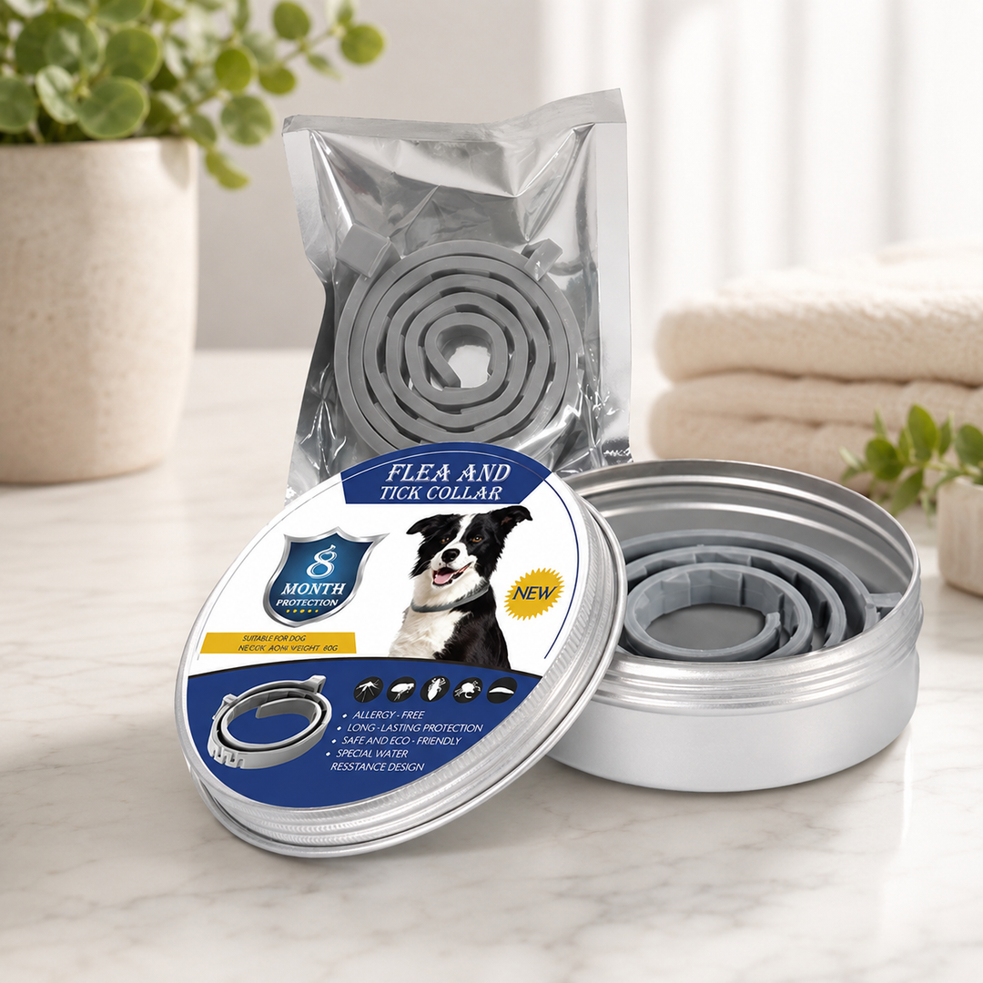 Collier antiparasite résistant pour animaux, protégeant chiens et chats des puces et tiques jusqu'à 8 mois.