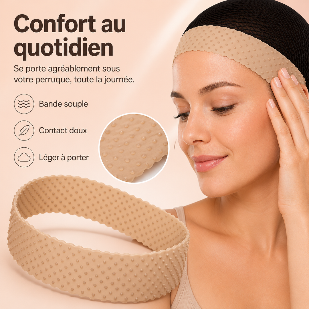 Accessoire cheveux femmes : bandeau silicone antidérapant pour perruque, maintien discret.