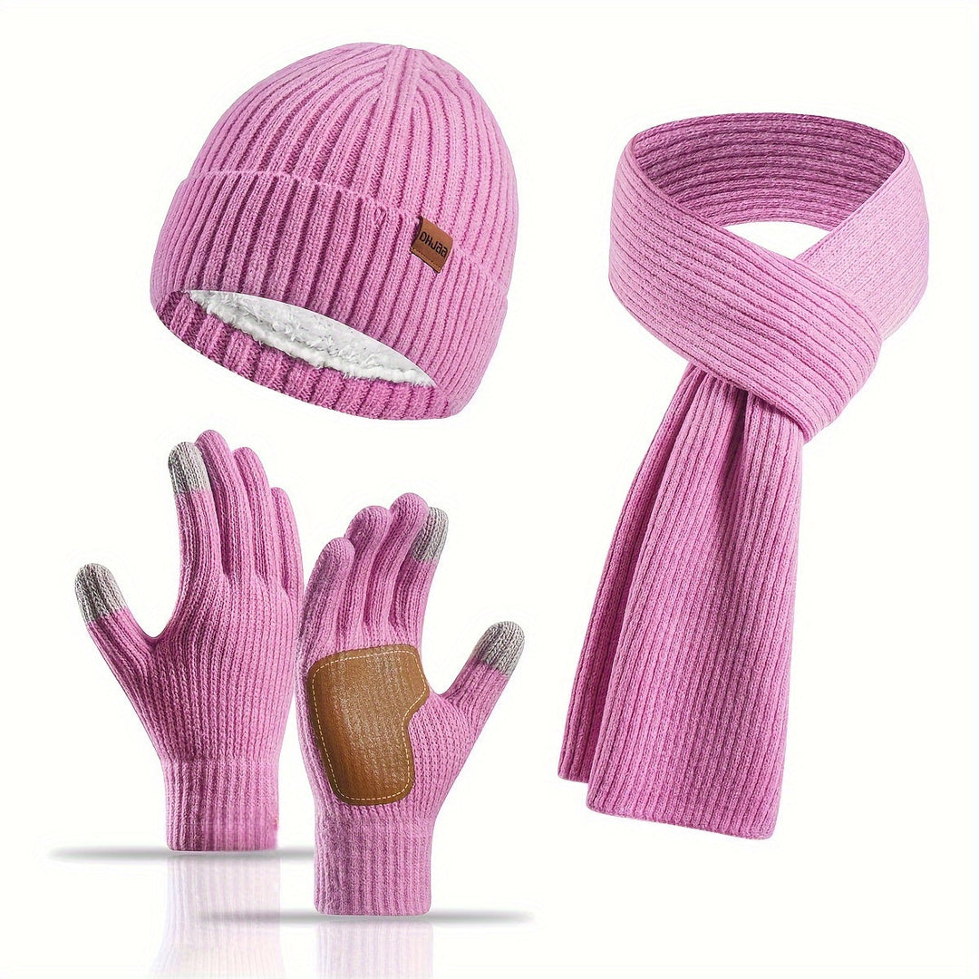 Set hiver doux et moelleux: bonnet, écharpe, gants en acrylique pour un confort maximal cet hiver.