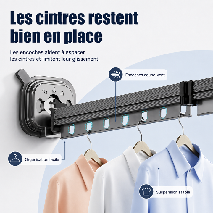 Solution gain de place: étendoir à linge mural extensible en aluminium pour séchage naturel et rapide.