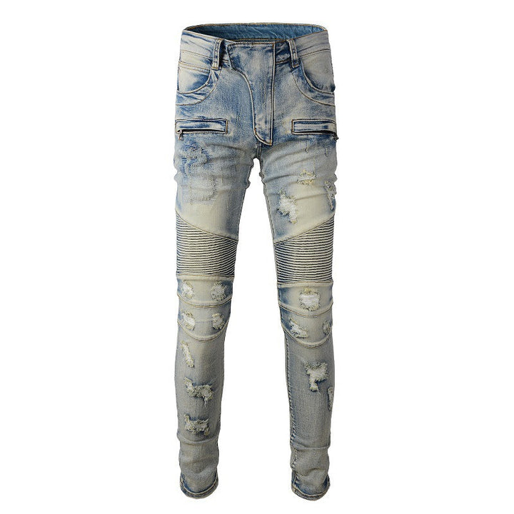 Pantalon jean homme skinny biker déchiré, coupe ajustée, idéal pour look stylé urbain automne.