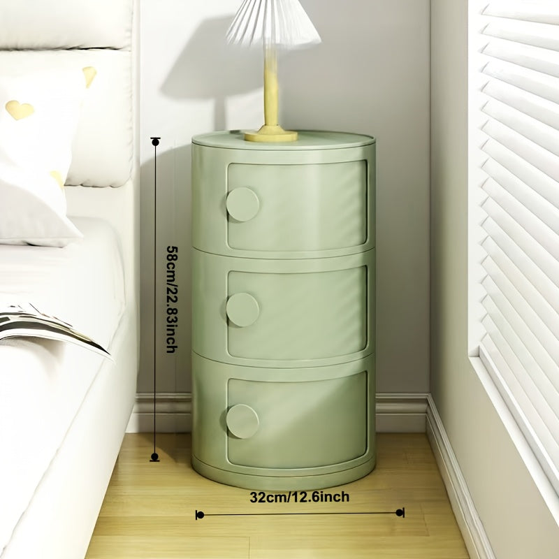 Meuble rangement rond et compact, parfait comme table d'appoint. Design moderne élégant.