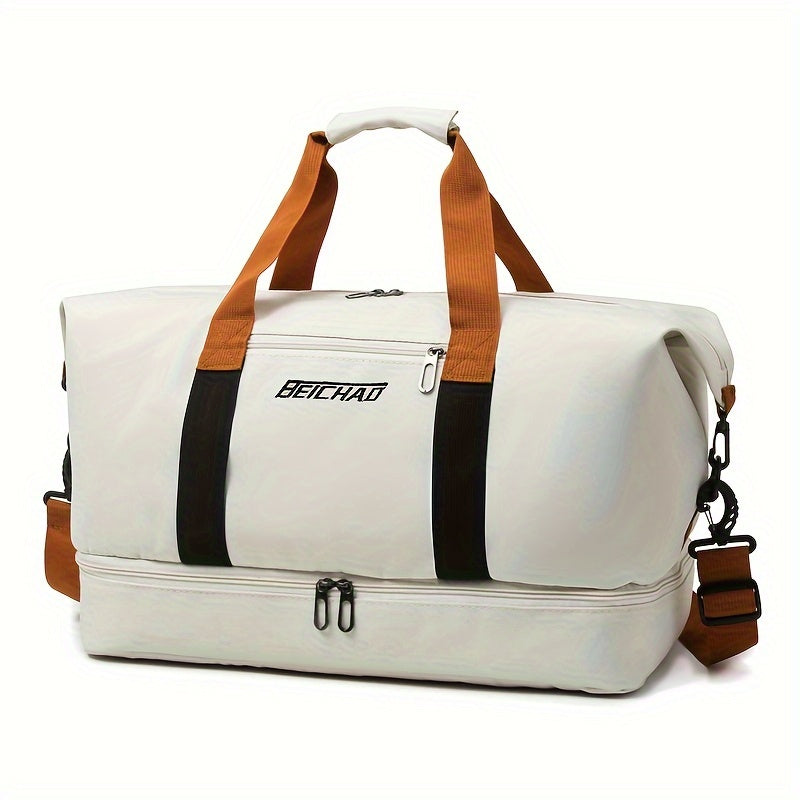 Vue latérale du sac de voyage unisexe montrant sa profondeur et sa grande capacité de rangement.