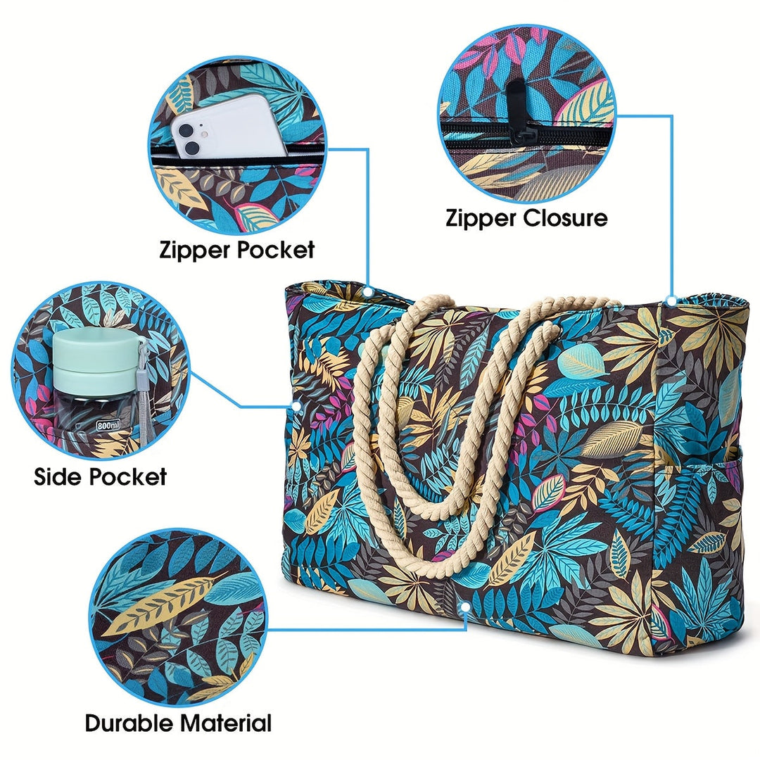 Grand sac de plage en toile pour femme, motif feuilles moderne. Parfait comme sac fourre-tout d'été.