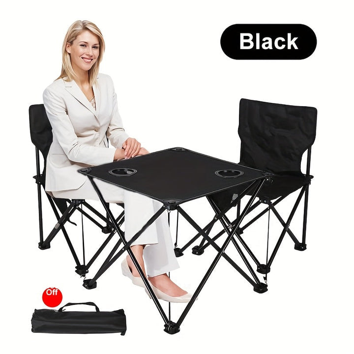 Ensemble de jardin compact et pliable, rangé pour le transport. Table et chaises en métal pour camping/voyage facile.