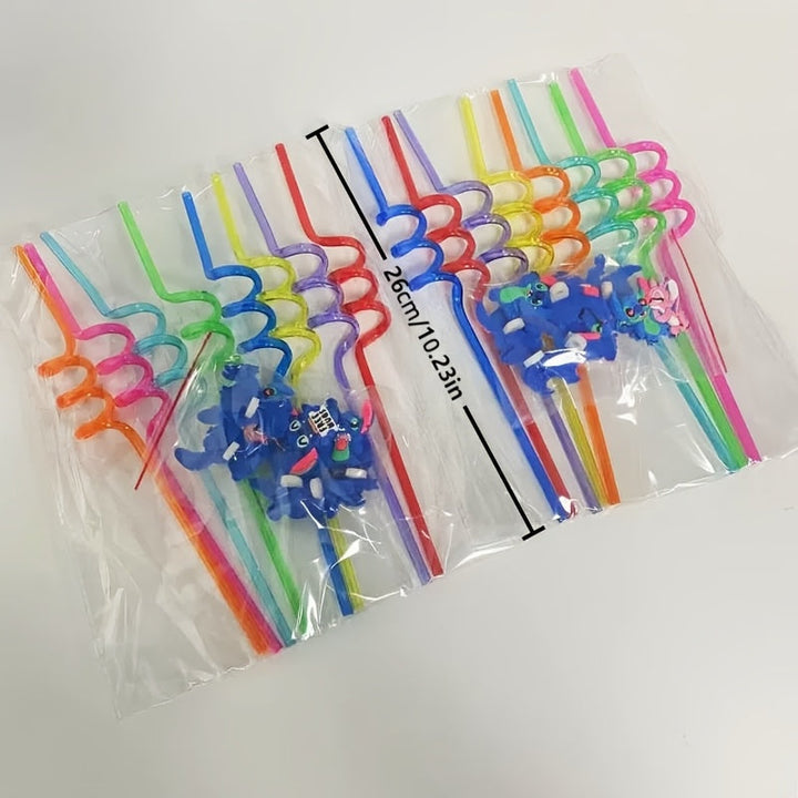 Vue rapprochée de pailles réutilisables Stitch colorées, un must pour toute célébration ou fête d'anniversaire.