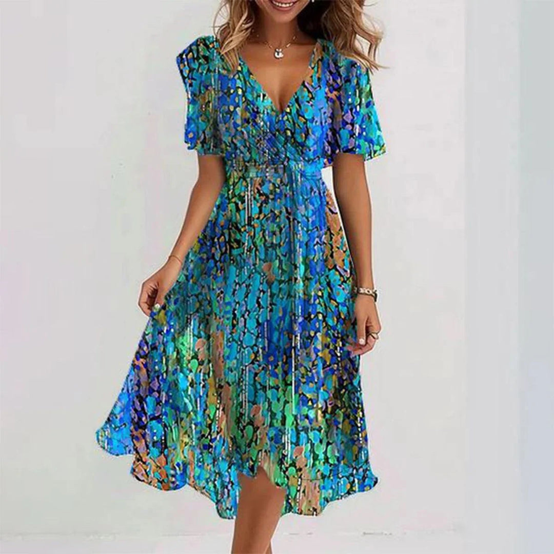 Robe midi fleurie femme élégante col V. Parfaite pour l'été et le printemps, style décontracté chic.