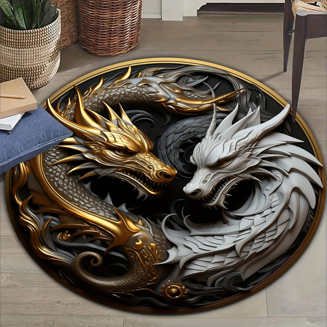 Grand tapis rond antidérapant avec majestueux dragon asiatique, parfait pour une décoration de salon.