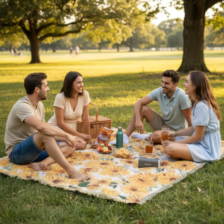 Couverture florale imperméable 180x230 cm, idéale pour la plage, le camping et les loisirs en famille.