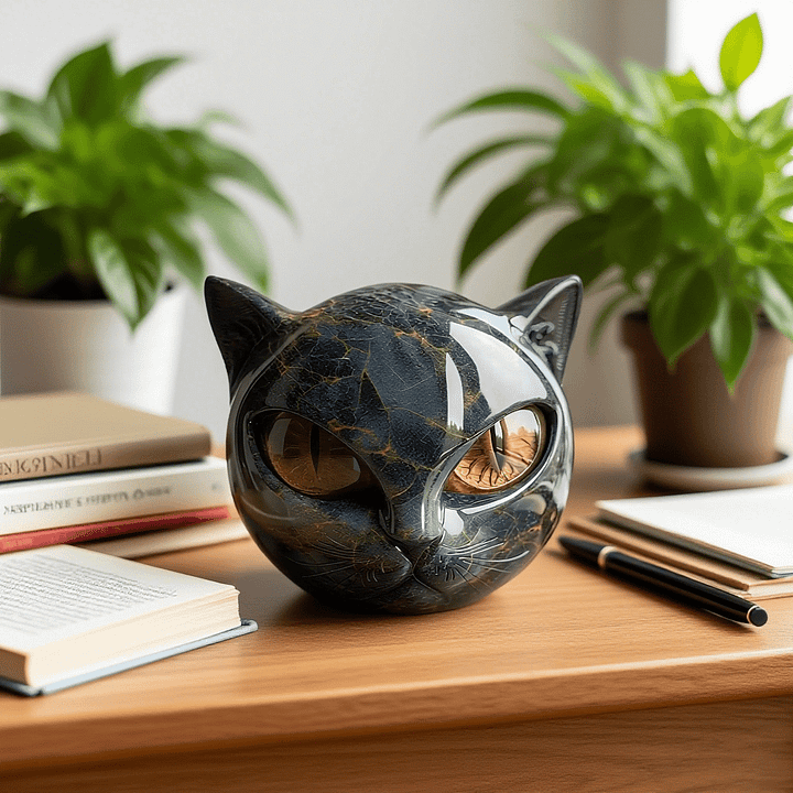 Statue moderne tête de chat noire, résine brillante. Élément d'art pour votre design intérieur.