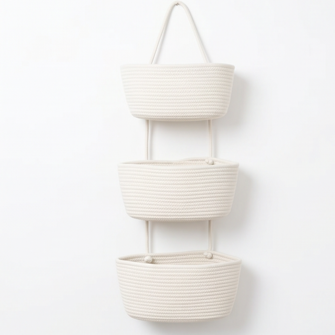 Panier de porte en coton ivoire 3 niveaux, solution pratique pour organiser et désencombrer.
