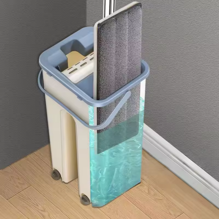 Système de nettoyage sols LuxiClean avec balai microfibre et seau à double compartiment pour eau propre/sale.