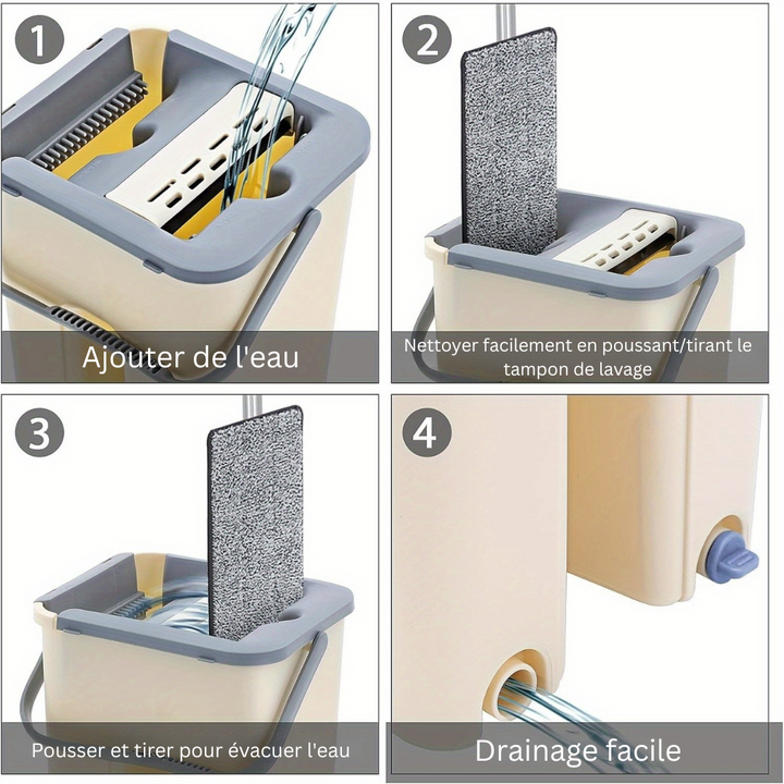 Le balai rotatif LuxiClean microfibre et seau à deux compartiments facilitent l'entretien des sols au quotidien.