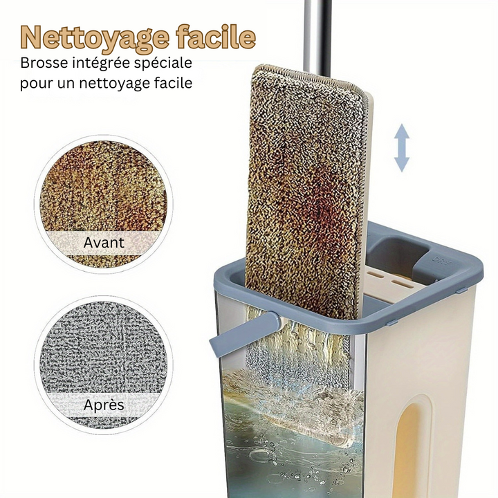 Vue du système complet LuxiClean : balai microfibre 360°, tête rotative, et seau double pour un usage facile.
