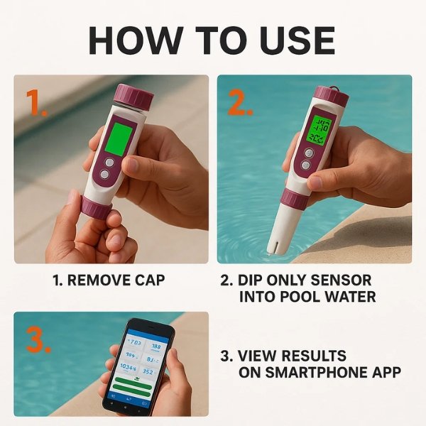 Mesure précise pH, chlore et qualité d'eau avec ce testeur numérique 7-en-1 pour piscine smart.