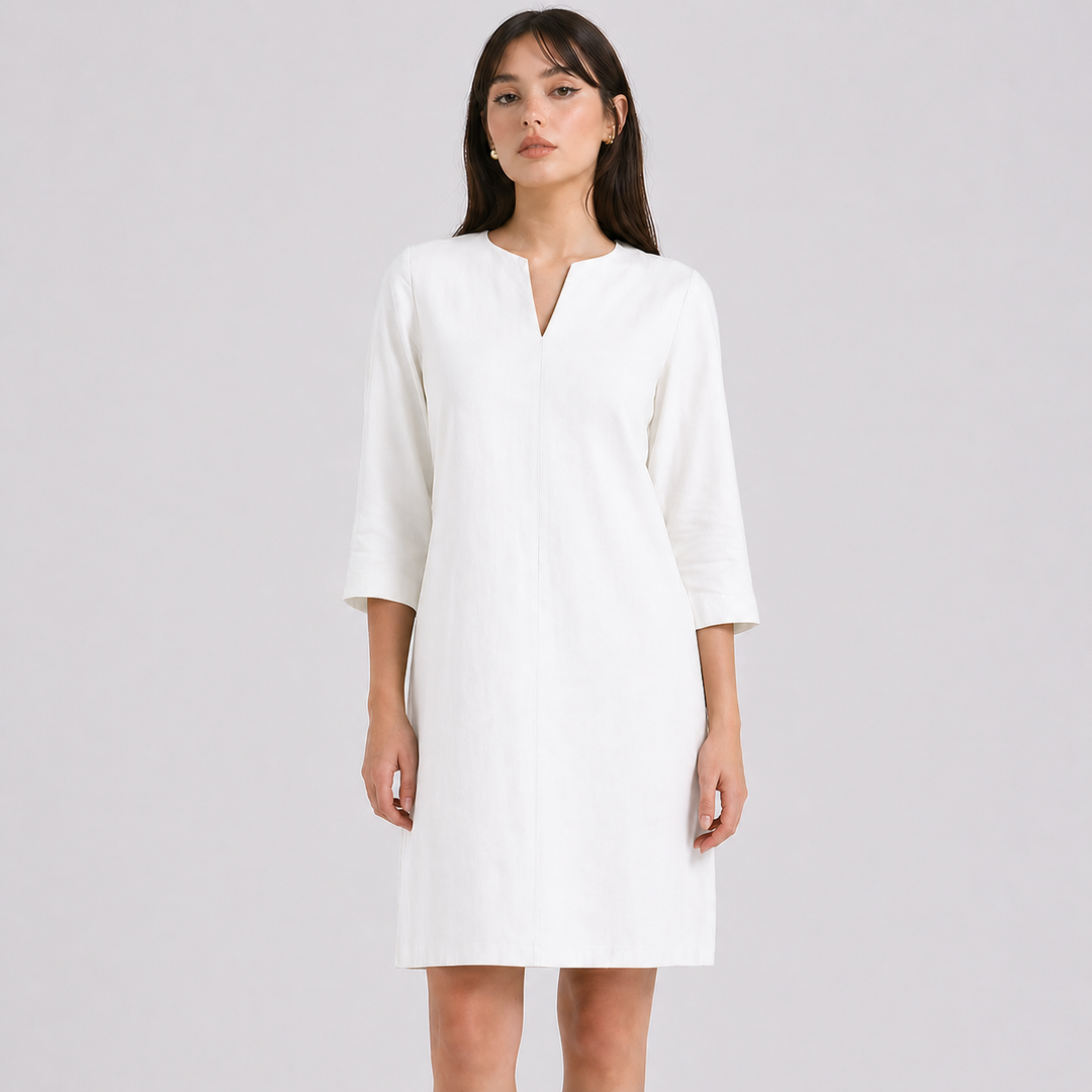 Vêtement estival Isabella : robe d'été fluide et élégante, encolure V, mi-longue pour femme.
