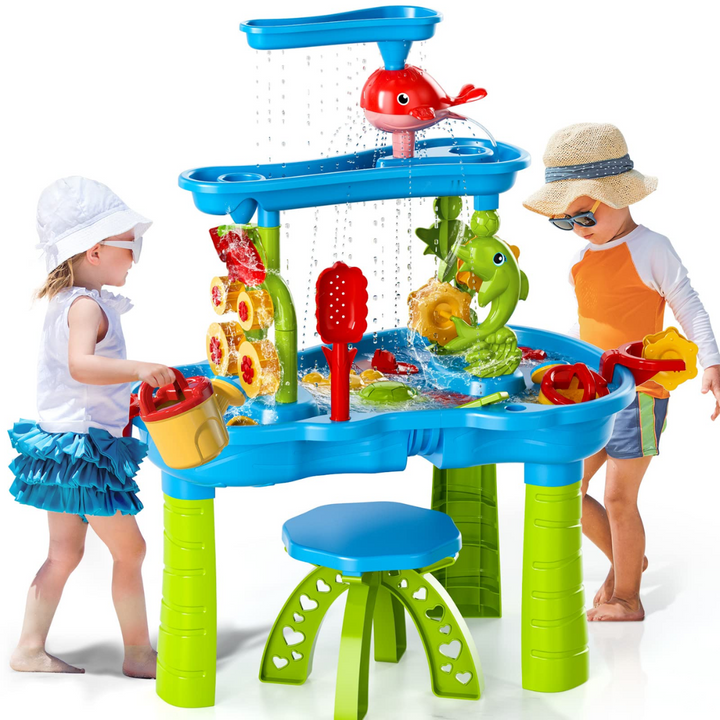 Table de sable et d'eau à 3 niveaux pour enfants, idéale pour jeux créatifs d'extérieur en été.