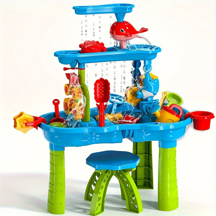 Robuste table de jeu d'extérieur à 3 niveaux pour sable et eau, parfaite pour activités créatives des enfants.