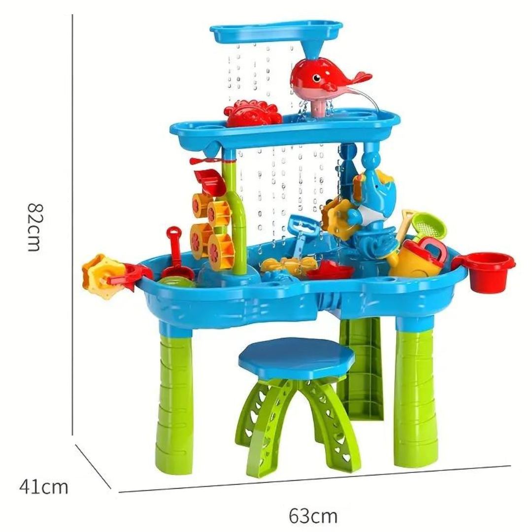 Grande table de jeu 3 niveaux pour sable et eau, adaptée aux jeunes enfants pour activités variées en extérieur.