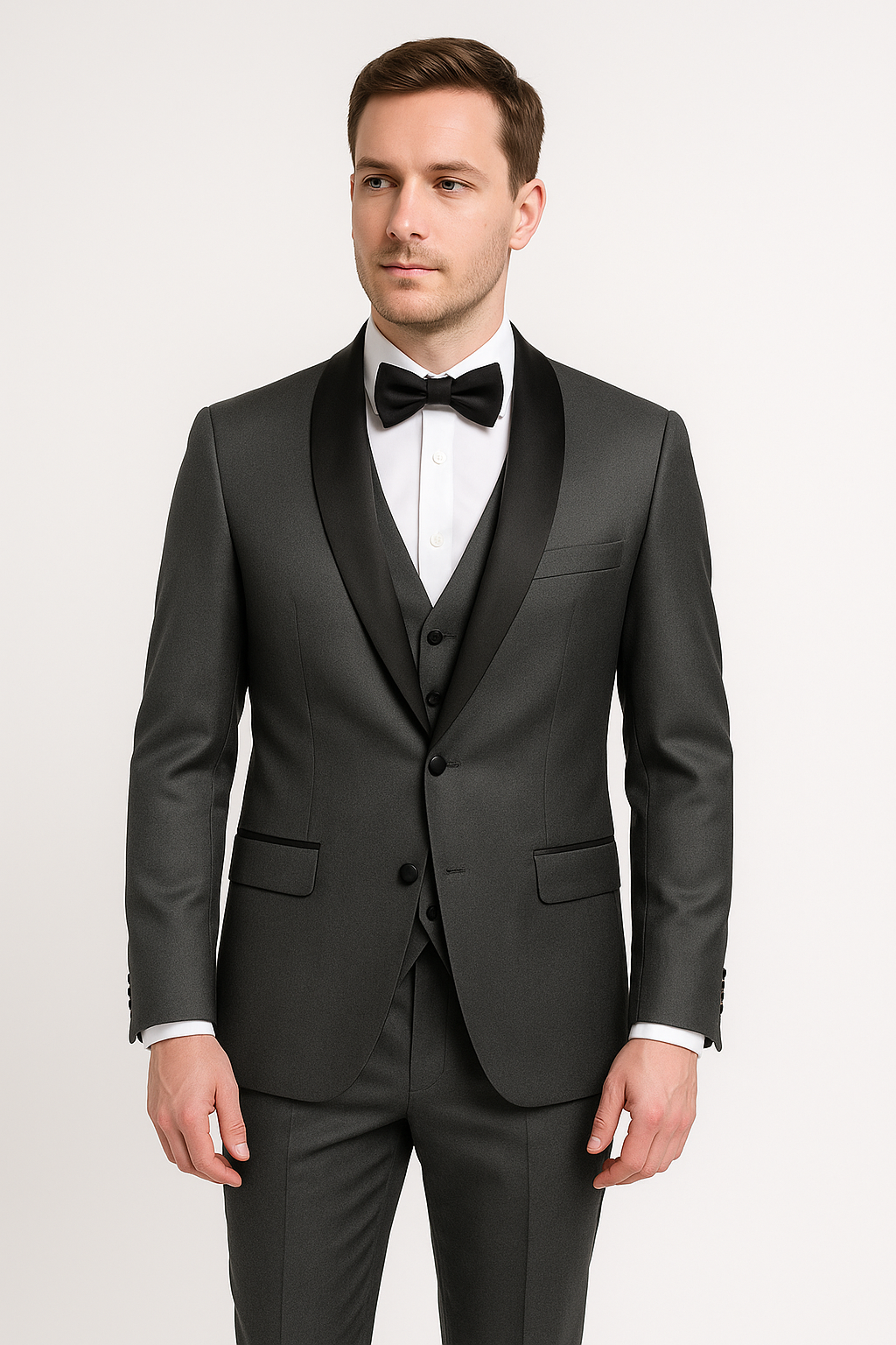 Ensemble costume homme 3 pièces slim fit : veste, gilet, pantalon. Vêtement formel chic pour mariage ou affaires.