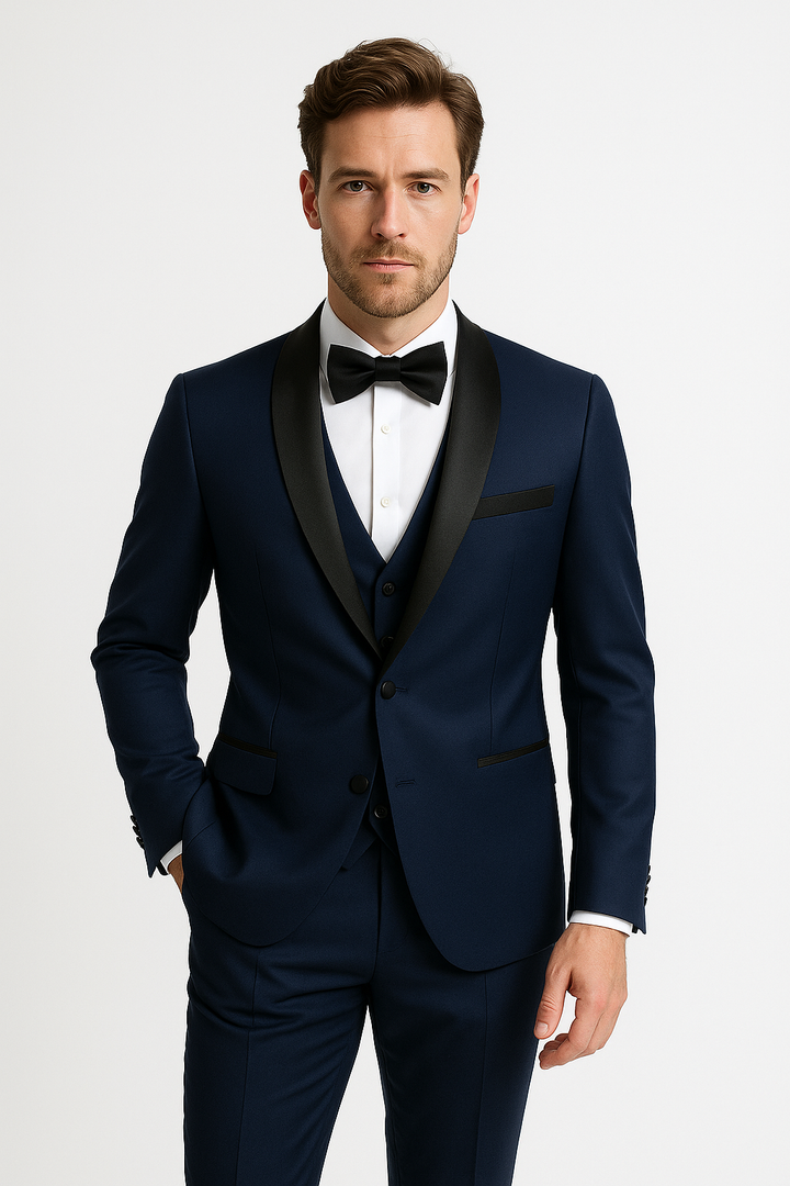 Costume de mariage homme 3 pièces slim fit, parfait pour cérémonie. Vêtement élégant et formel, mode chic.