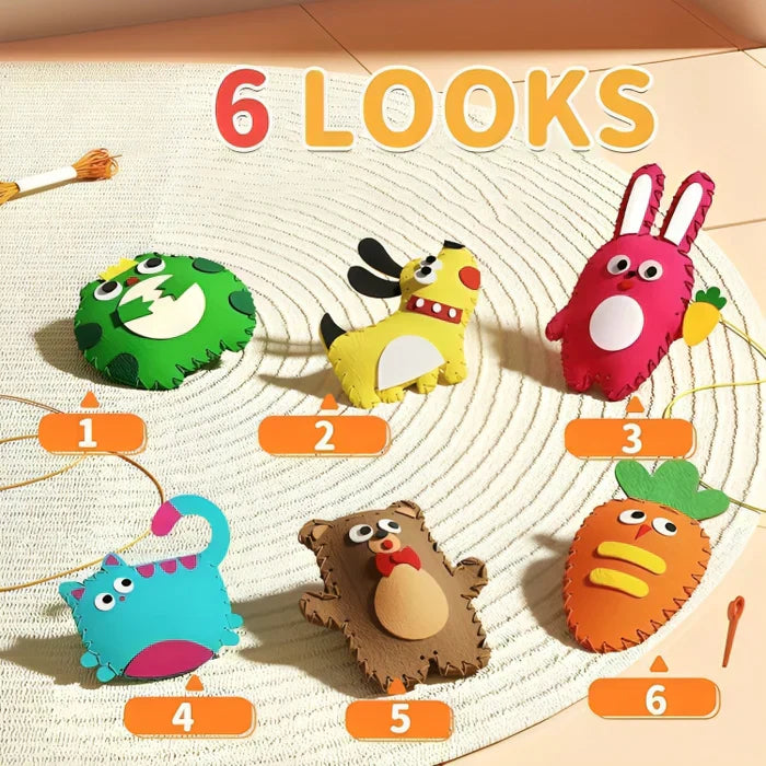 Contenu d'un kit de couture DIY pour enfants avec tissus, fils et aiguilles. Activité manuelle créative.